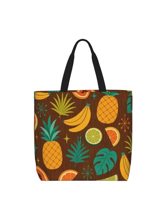 Tropical Fruit & Pineapple Tiki Style Zippered Tote Bag Large Capacity Shoulder Handbag for Shopping, Work, Travel