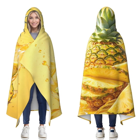 Tropical Fruit Pineapple Wearable Blanket Hoodies for Women Men Adults Pineapple Lovers Soft Lightweight Splashing Juice Pineapples Hooded Blankets for Couch Bed Decor 50x60 Inch