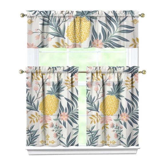 Tropical Fruit Print Kitchen Curtains - Set of 3 Pineapple Tier Panels with Valance, Aesthetic Farmhouse Window Treatment
