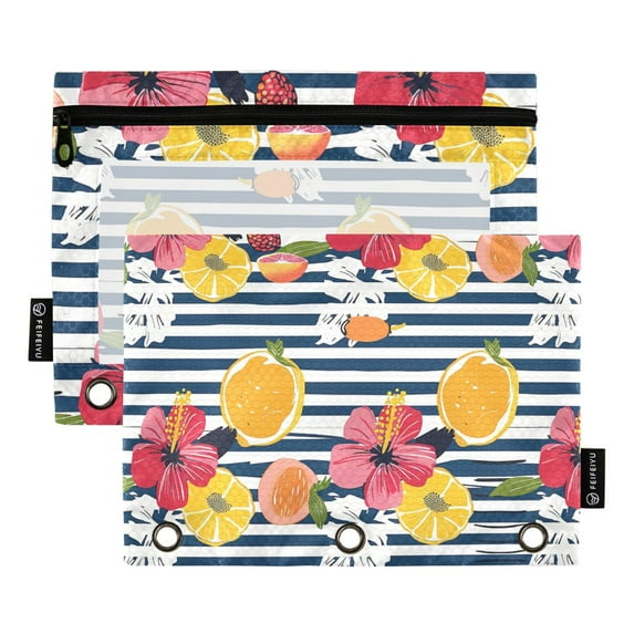 Tropical Fruit and Flowers 2 Pack Pencil Pouch for 3 Ring Binder Smooth Zipper Folders with Pockets Clear Window Pencil Case