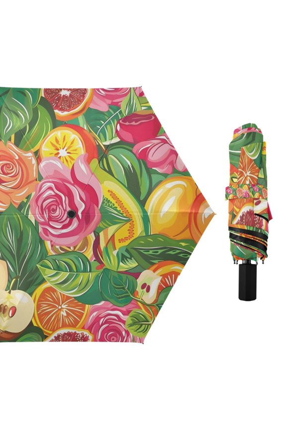 Tropical Fruit and Rose Compact Sun Umbrella Windproof Travel Umbrellas for Rain Strong Portable UV Protection