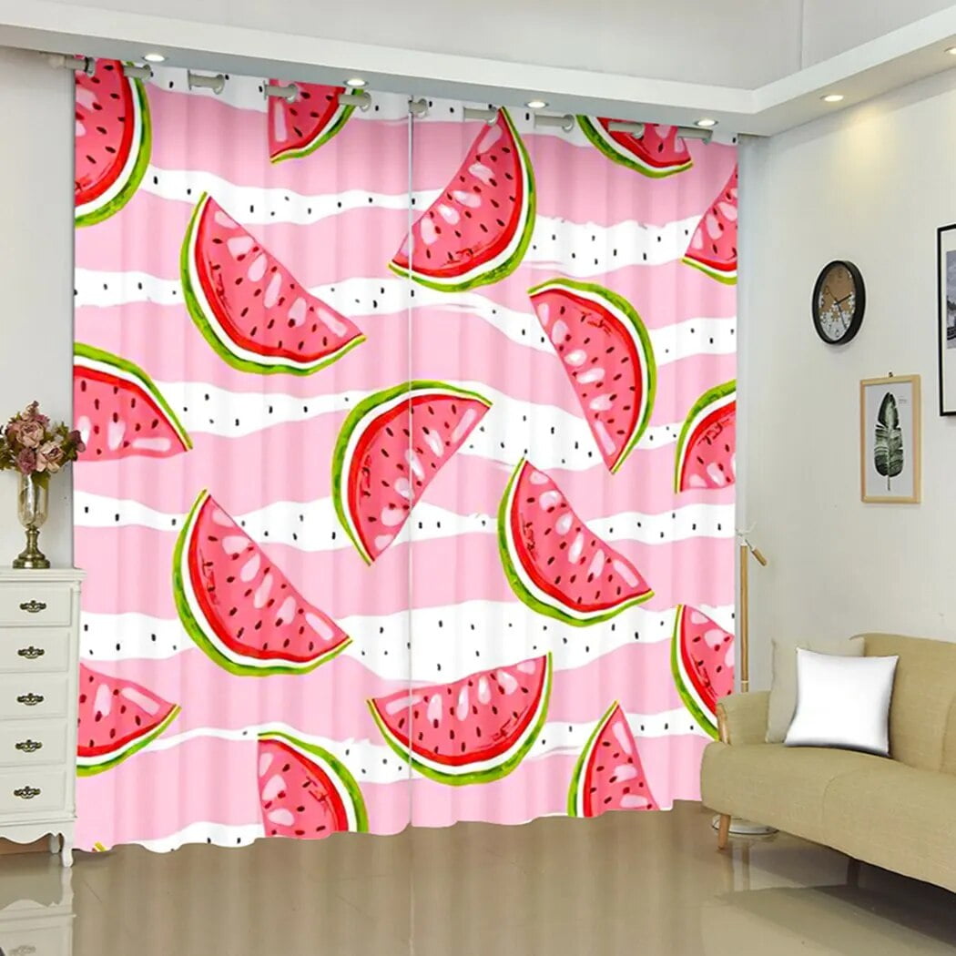 Tropical Fruits Curtain Red Green Watermelon Papaya Polyester Pongee