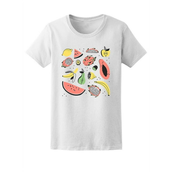 Tropical Fruits Doodles T-Shirt Women -Image by Shutterstock, Female XX-Large