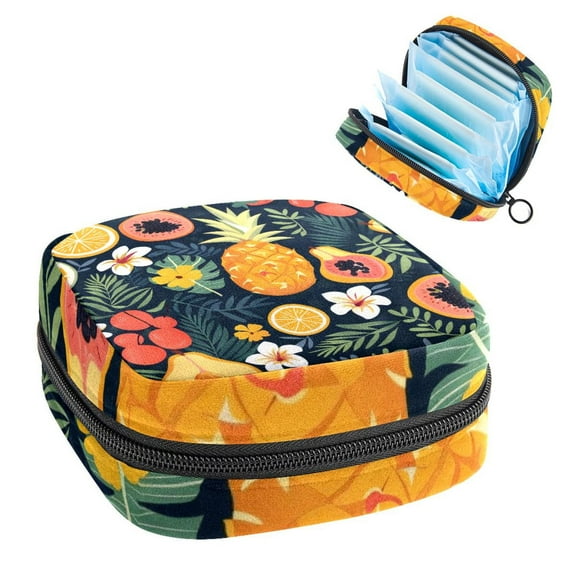 Tropical Fruits and Flowers Hawaiian Pattern Sanitary Napkin Storage Bag, Zipper Menstrual Cup Pouch Feminine Menstruation First Period Pads Holder for Girls Women Ladies