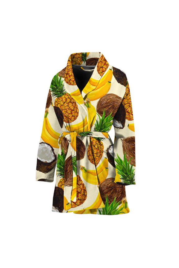 Tropical Fruits Pattern Women Bathrobe One Size Univeral Fits, Aloha Hawaiian Tropical Floral Plants Summer Fashion Lightweight Plush Fleece Long Robe For Women