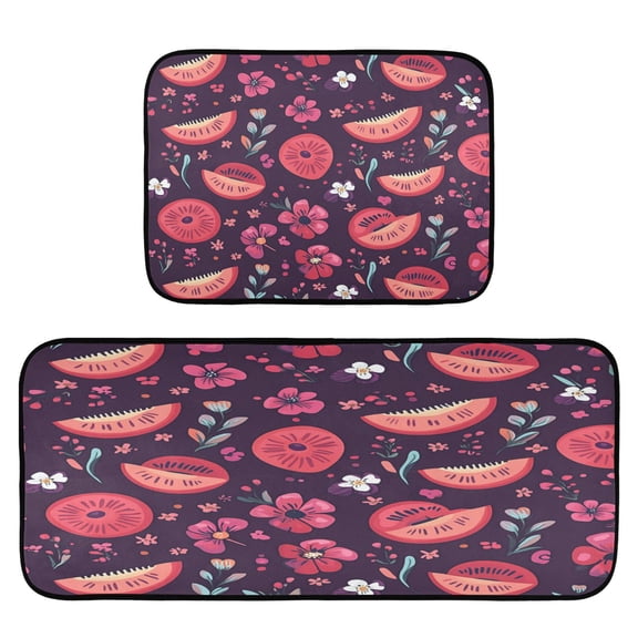 Tropical Fruits and Blooms 2-Piece Kitchen Carpet Mat Set, Non-Slip Memory Foam, Soft for Kitchen and Living Room Use