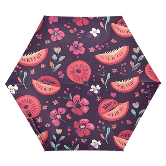 Tropical Fruits and Blooms Folding Umbrella UV50+ Waterproof Sun Protection Auto Open Close Compact Fiberglass Frame