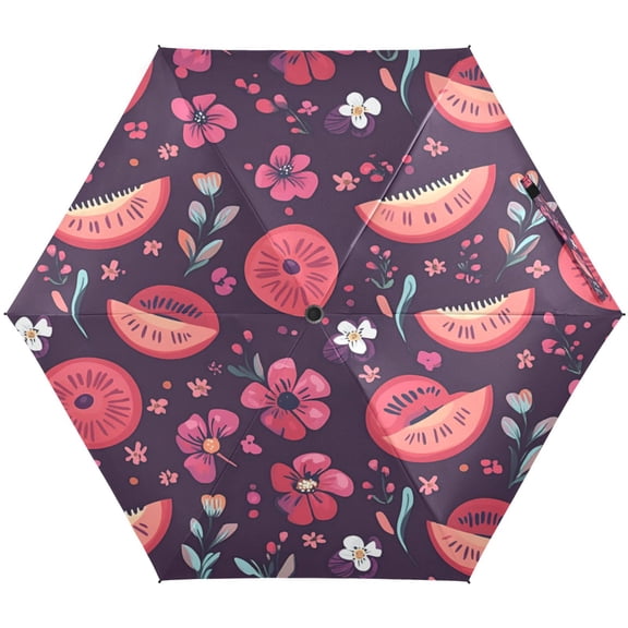 Tropical Fruits and Blooms Umbrellas for Sun Auto Open Close UV50+ Waterproof 5-Fold Compact Fiberglass Frame
