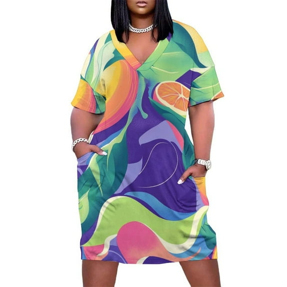 Tropical Fruits with Exotic Flavors Summer Sundress for Curve Women Casual Pattern Plus Size V Neck Short Sleeve Loose Fit Oversize Dresses