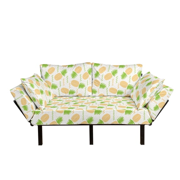 Tropical Futon Couch, Herringbone Stripes with Dots Background Summer Fruits Arrangement, Daybed with Metal Frame Upholstered Sofa for Living Dorm, Loveseat, Fern Green and Orange, by Ambesonne