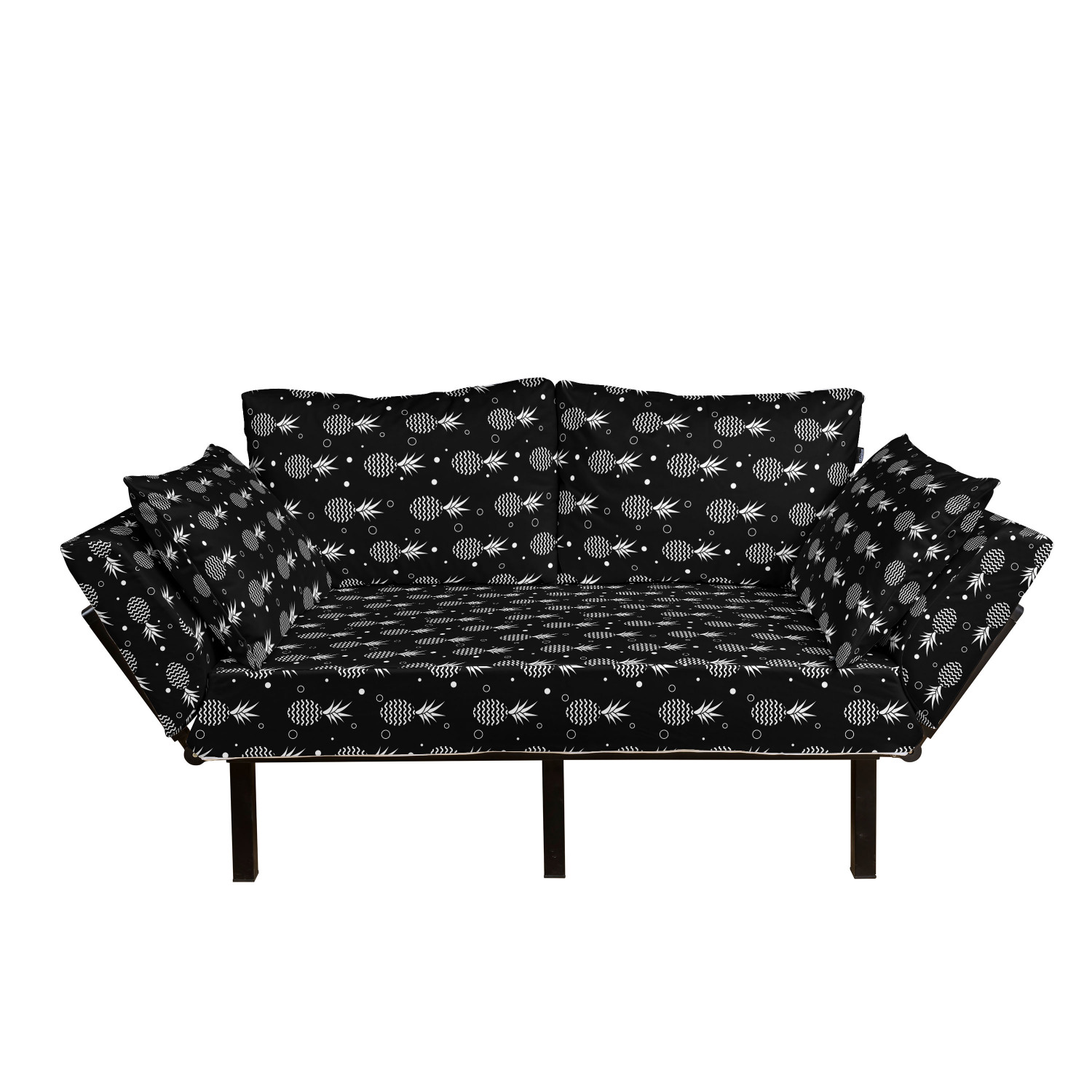 Tropical Futon Couch, Monochrome Pineapples with Abstract Zigzag Design