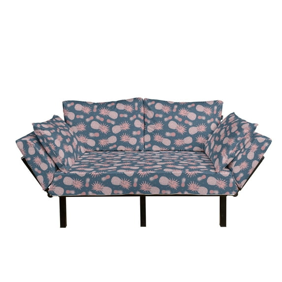 Tropical Futon Couch, Vintage Exotic Island Pineapples and Little Polka Dots in Pastel Tones, Daybed with Metal Frame Upholstered Sofa for Living Dorm, Loveseat, Rose and Slate Blue, by Ambesonne