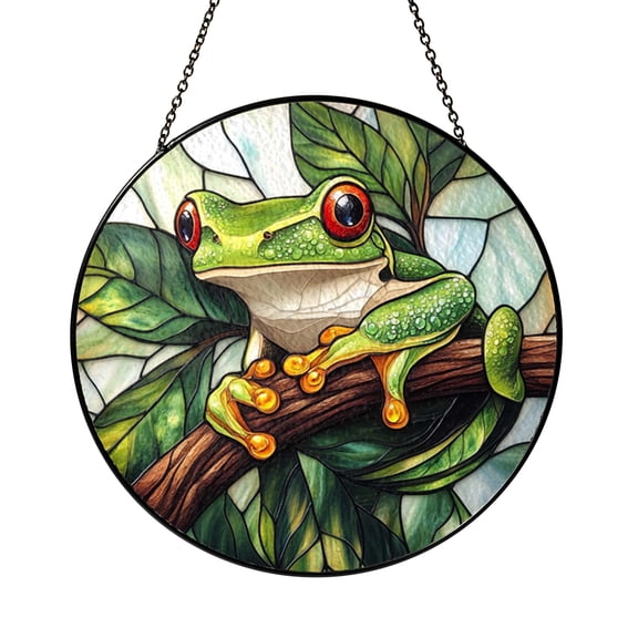 Tropical Garden Frog Branch Mosaic Stained Glass Style Window Hanging Decor Accent Ornament Gift