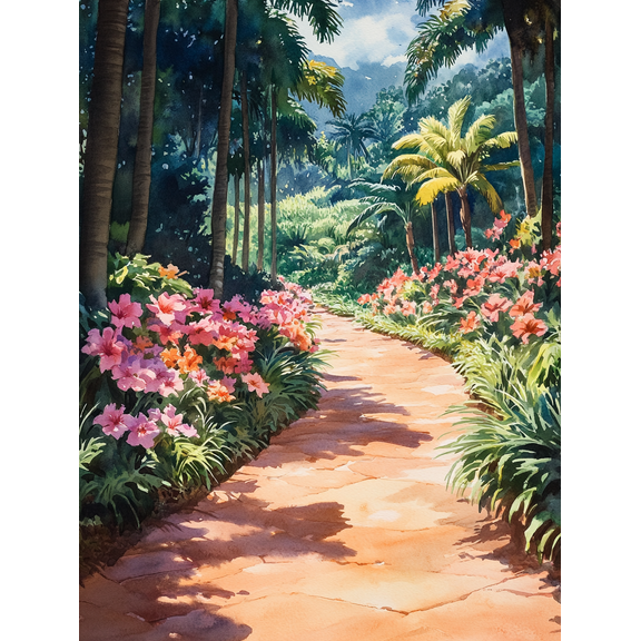 Tropical Garden Path Watercolor Painting/Canvas Art Suitable for Living RoomOffice and Hallway Decoration.