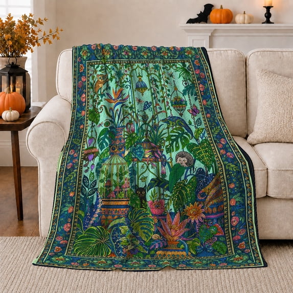 Tropical Garden with Peacock and Monkeys, Whimsical Folk Art Style for Wildlife Lovers, Lush Jungle Courtyard and Birthday Gift, Cozy Flannel Blanket for Sunroom and Bedroom, Home Decor