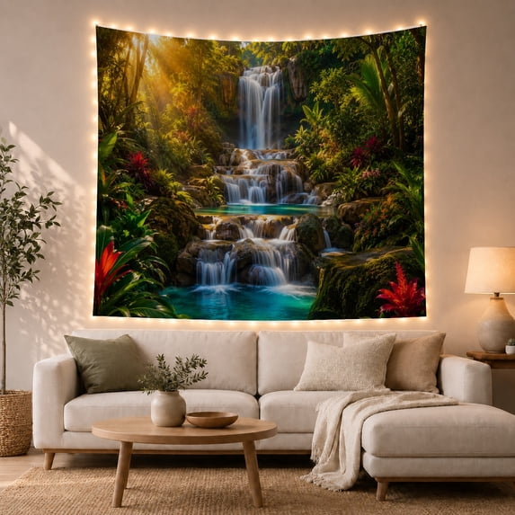 Tropical Garden Waterfall in Lush Rainforest, Serene Boho for Nature Lovers, Botanical Wall Decor, Housewarming Gift, Tapestry Wall Hanging for Bedroom and Living Room