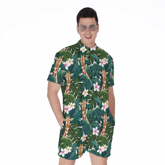 Tropical Giraffe Pattern Short Sleeve Men'S Rompers, Aloha Hawaiian Tropical Floral Plants Summer Casual Summer Jumpsuits Outfit