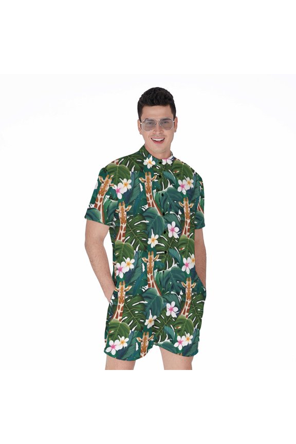 Tropical Giraffe Pattern Short Sleeve Men'S Rompers, Aloha Hawaiian Tropical Floral Plants Summer Casual Summer Jumpsuits Outfit