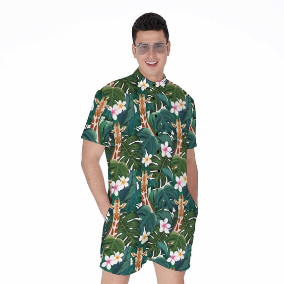 Tropical Giraffe Pattern Short Sleeve Men'S Rompers, Aloha Hawaiian Tropical Floral Plants Summer Casual Summer Jumpsuits Outfit