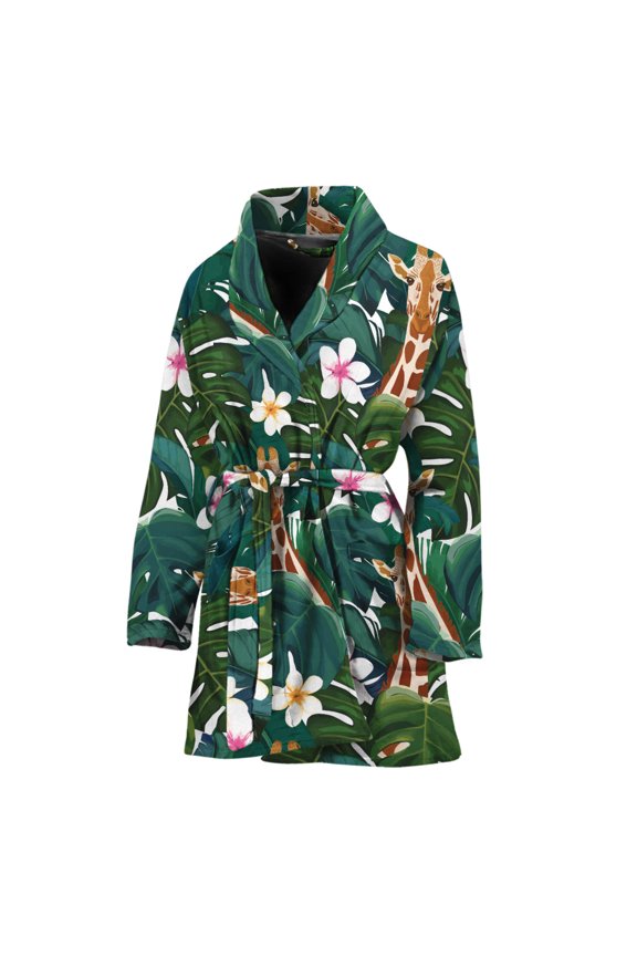Tropical Giraffe Pattern Women Bathrobe One Size Univeral Fits, Aloha Hawaiian Tropical Floral Plants Summer Fashion Lightweight Plush Fleece Long Robe For Women