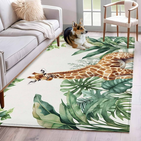 Tropical Giraffe Sloth Area Rug 3x5 Washable Rug Non Slip Watercolor Summer Palm Leaf Large Area Rug Indoor Floor Carpet for Entryway Bedroom Kitchen Living Room Home Office Dining Room Nursery