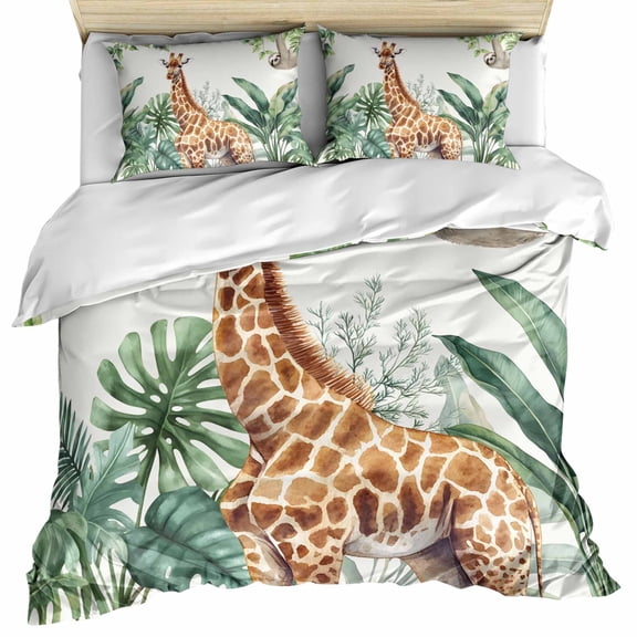 Tropical Giraffe Sloth Bedding 3 Piece Duvet Cover Set Queen Size, Watercolor Summer Palm Leaf Soft Microfiber Comforter Cover with Zipper Closure & Pillowcases, Wrinkle & FadeResistant Quilt Cover
