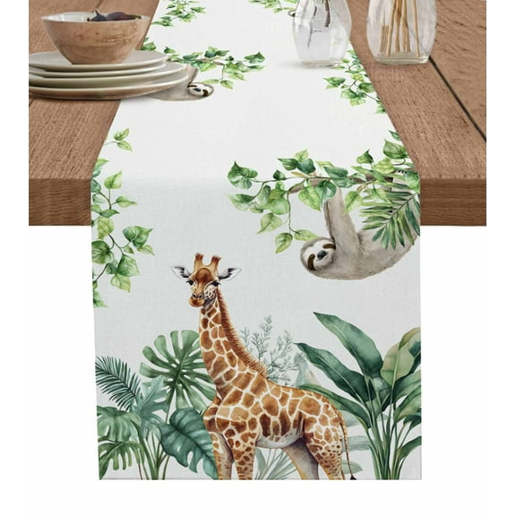 Tropical Giraffe Sloth Burlap Cotton Table Runner 13x36 Inches Short, Watercolor Summer Palm Leaf Farmhouse Table Runners, Outdoor Dining Tablecloths Decor for Baby Shower/Party/Wedding