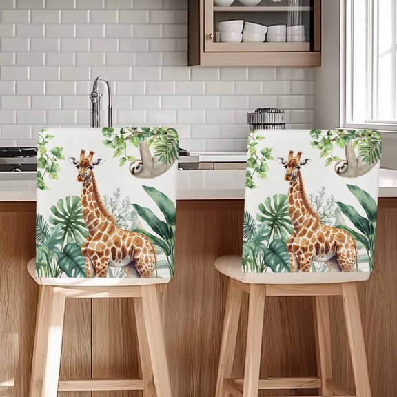 Tropical Giraffe Sloth Chair Back Cover for Dining Room Set of 4, Watercolor Summer Palm Leaf Removable Kitchen Chair Slipcovers, Washable Seat Protector for Restaurant Party Banquet Wedding Décor