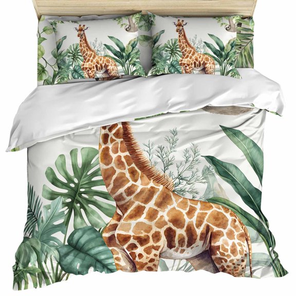 Tropical Giraffe Sloth Duvet Cover Set, Watercolor Summer Palm Leaf Soft Duvet Cover Queen Size Bedding Set 4 Pieces, 1 Quiltcover and 2 Pillowcases with Zipper, 1 Bed Sheet for All Seasons
