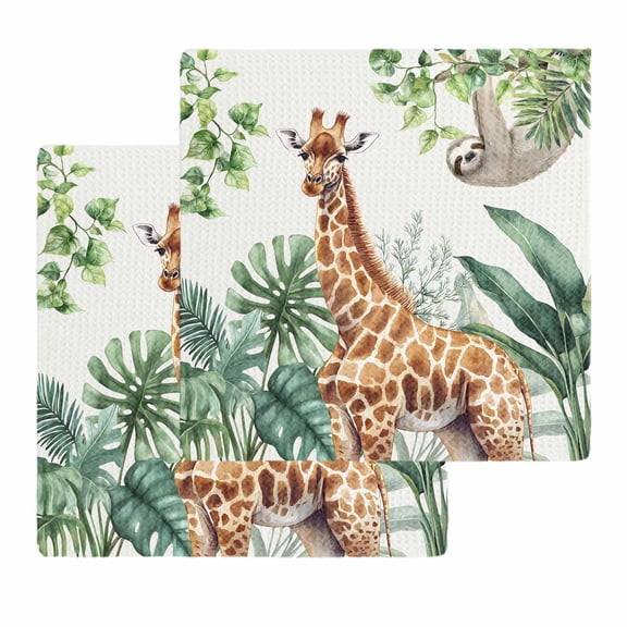 Tropical Giraffe Sloth Kitchen Dish Towels for Drying Dishes Set of 2, Watercolor Summer Palm Leaf Waffle Weave Microfiber Hand Tea Bathroom Towels Quick Dry & Absorbent Towel 12x12