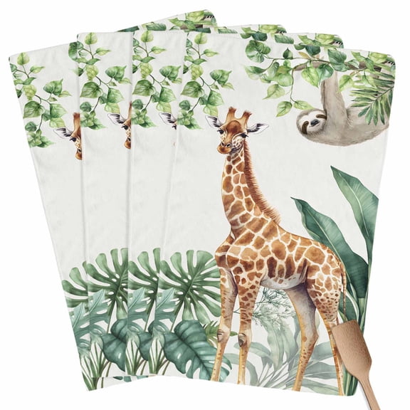 Tropical Giraffe Sloth Kitchen Towel Dish Cloths Set of 4, Microfiber Soft Kitchen Hand Towels, Watercolor Summer Palm Leaf Absorbent Quick Drying Dishcloths 18 x 28 Inches