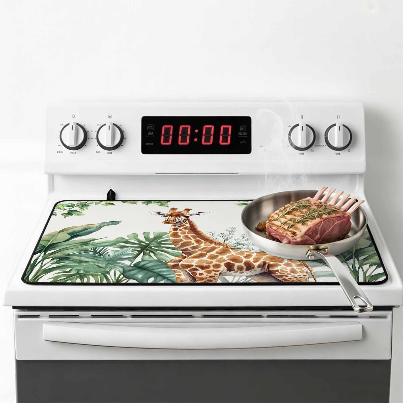 Tropical Giraffe Sloth Stove Top Cover for Electric Stove, Heat-proof & Non Slip Glass Top Stove Cover Protector, Watercolor Summer Palm Leaf Kitchen Flat Cooktop Rubber Mat 24x21 Inches