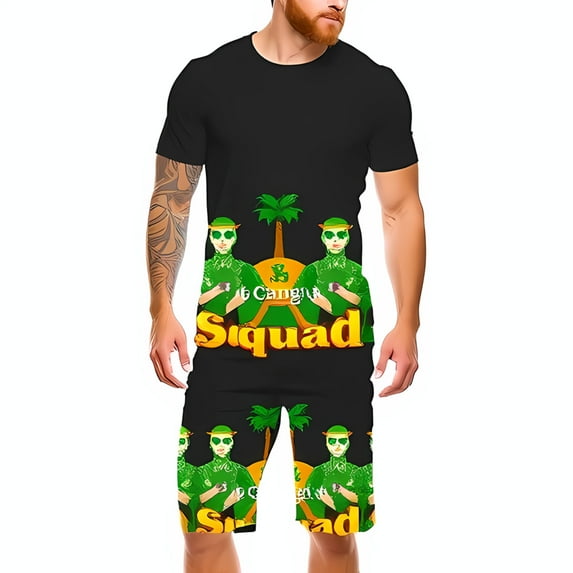 Tropical Graphic T-Shirt and Shorts Set - Tree Sunset with 3 Stylized Figures & '16 Canguru Squad' Design