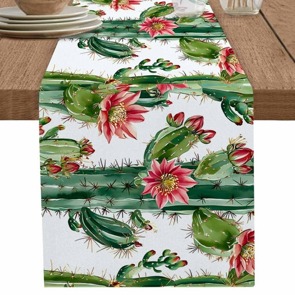 Tropical Green Cactus Red Flower Table Runner-70 Inch Long Summer Succulent Table Runners Linen Burlap Tablerunner for Kitchen Dining Room Holiday Party