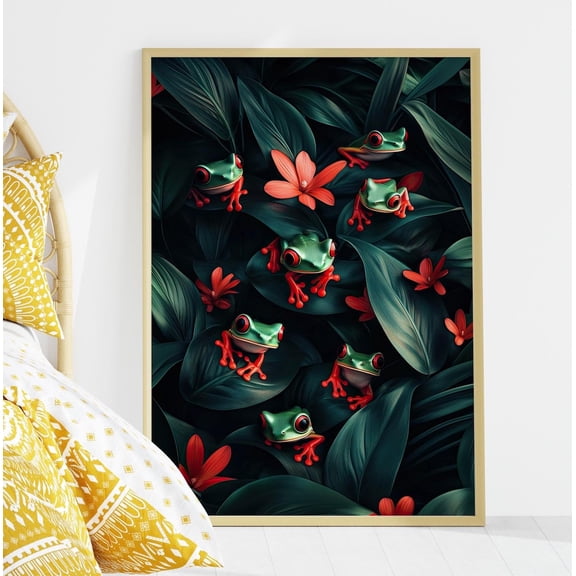 Tropical Green Frog Wall Art Botanical Whimsical Decor, Unframed Paper Print Size 16x24
