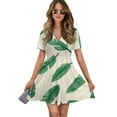 thumbnail image 1 of Tropical Green Leaf Pattern Design Women Dress V-Neck Short Sleeve Flowy Swing Party Midi Dress, 1 of 4