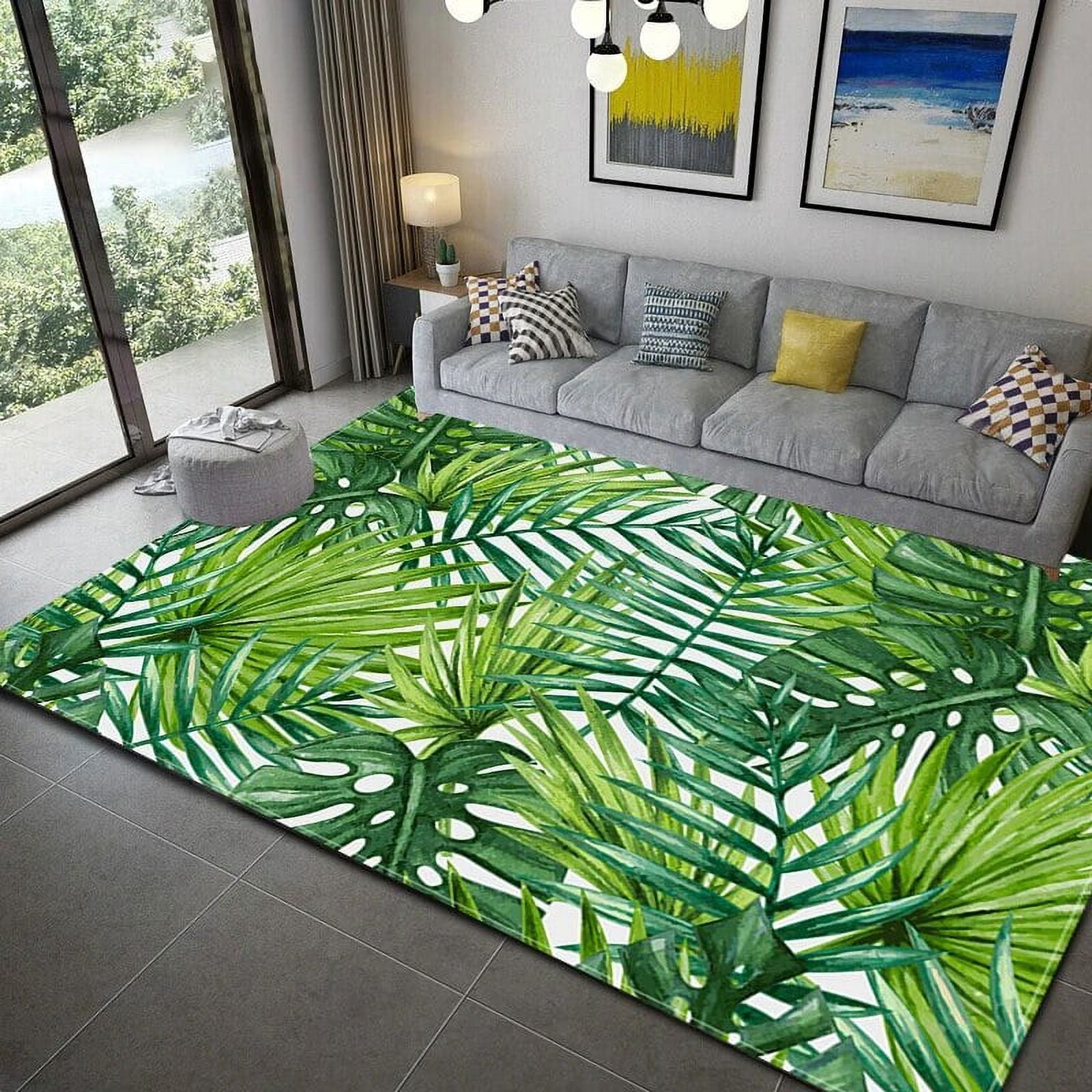 Tropical Green Leaves Area Rug Watercolor Painting Polyester Area Rug