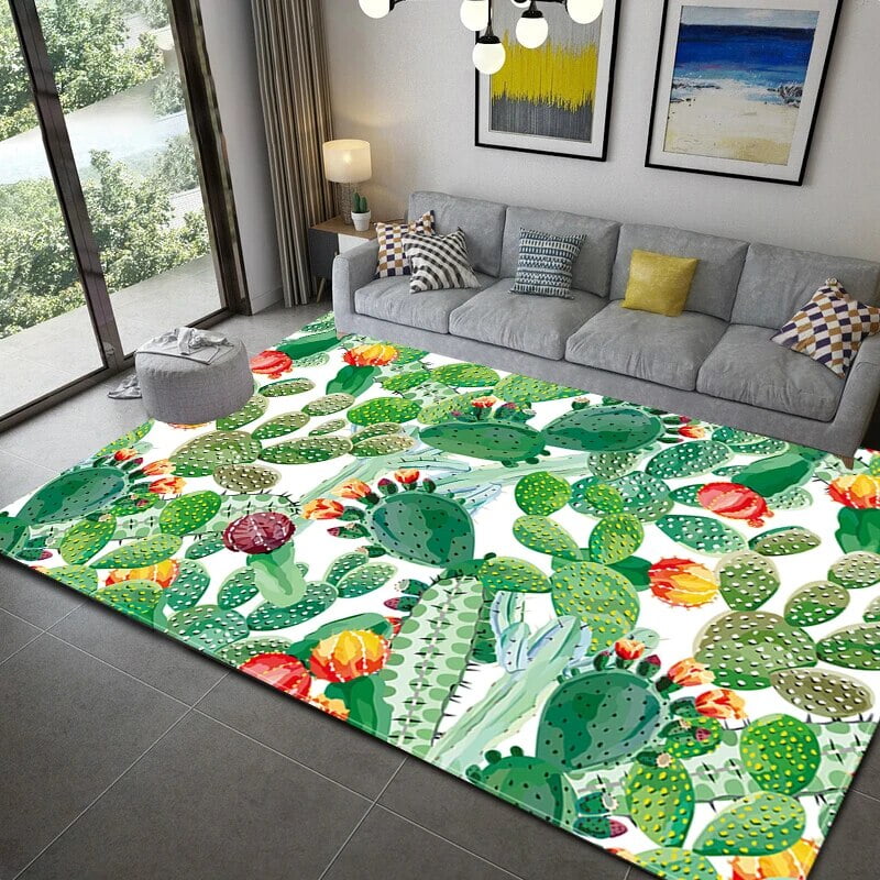 Tropical Green Leaves Area Rug Watercolor Painting Polyester Area Rug