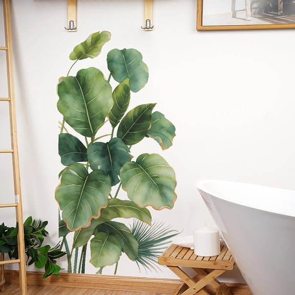 Tropical Green Leaves Bathroom Wall Stickers -Peel and Stick Waterproof Decor, Self-Tiles Decals, 2 Sheets 30x90 cm, Home Makeover