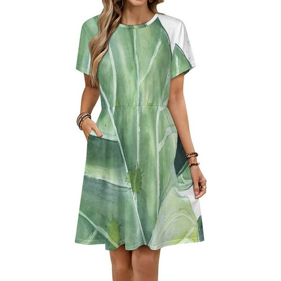 Tropical Green Leaves Plant Dress Summer Street Style Dresses Female Short Sleeve Printed Sundress