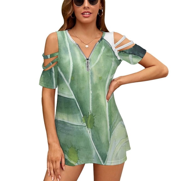 Tropical Green Leaves Plant Womens Summer V Neck Zipper Top Short Sleeve T Shirt Off Shoulder Top Casual Classy Loose Shirts