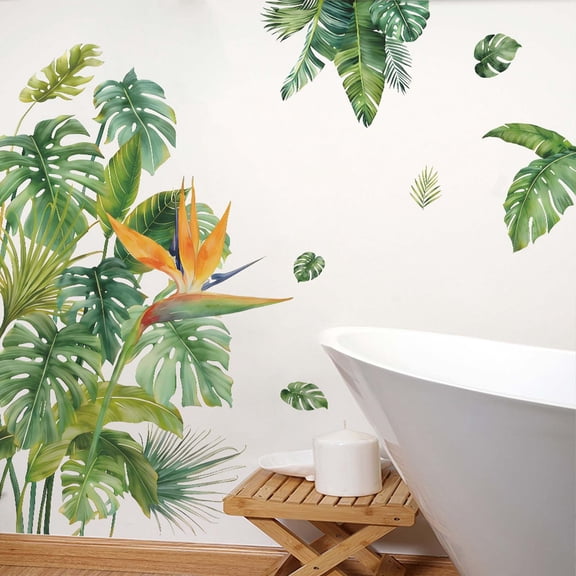Tropical Green Leaves Wall Stickers, Bathroom and Home Decoration for Kitchen, Bedroom, Office, Peel and Stick Nature-Inspired Removable Decor for Renters and DIY Makeover