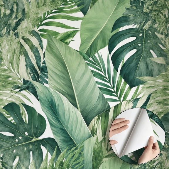 Tropical Green Leaves Wallpaper Modern Boho Minimalist Aesthetic Peel and Stick Wallpaper Contact Paper Waterproof Wall Decoration for Living Room Bathroom Kitchen Cabinet Dorm Room 17.7*118 in