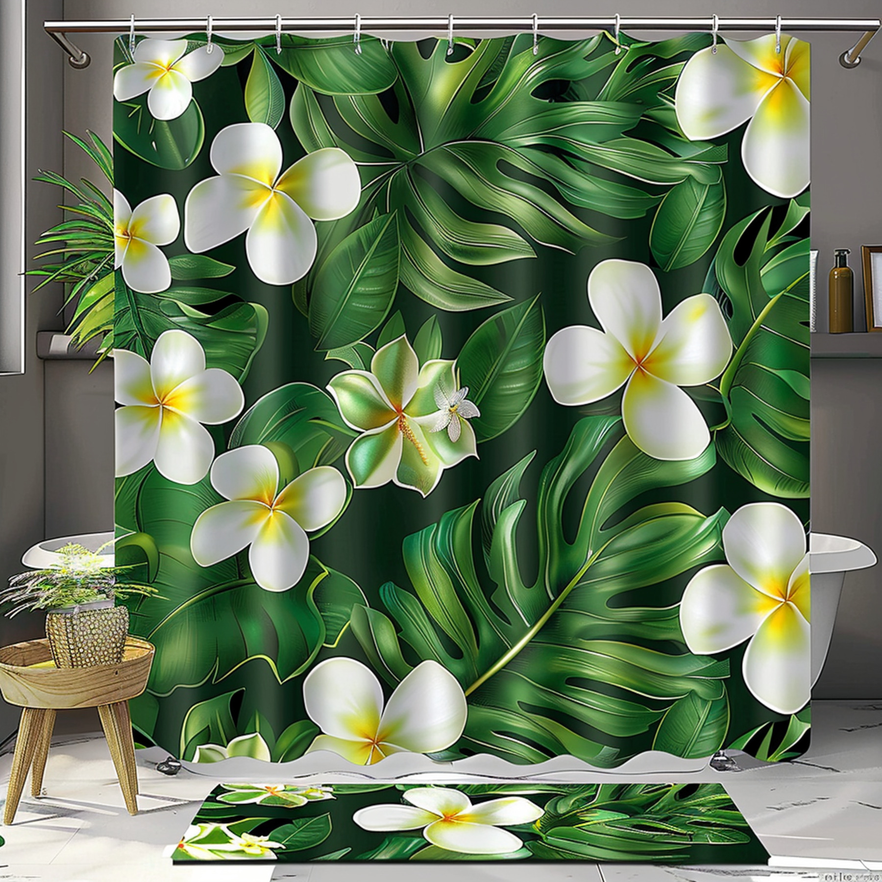 Tropical Green Leaves and White Flowers Shower Curtain Set with