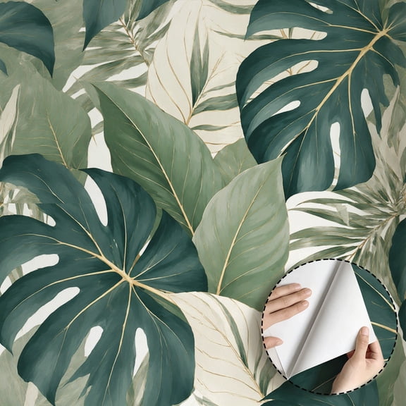 Tropical Green Monstera Leaf Wallpaper Boho Modern Minimalist Aesthetic Peel and Stick Wallpaper Contact Paper Waterproof Wall Decor for Living Room Bedroom Kitchen Cabinet Dorm Room 17.7*78.5 in