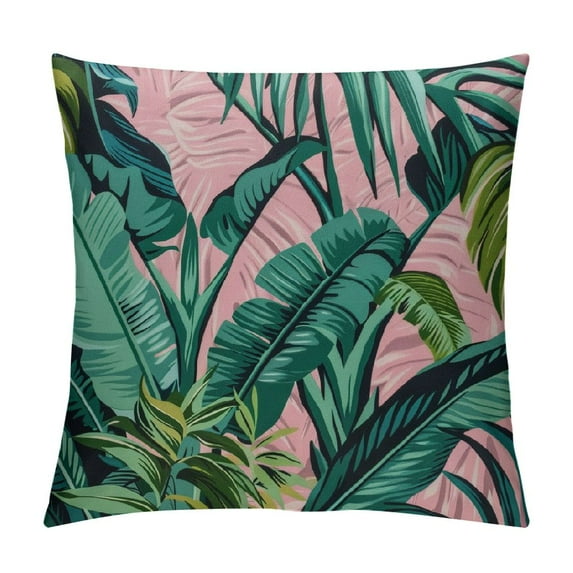 Tropical Green Palm Leaf Throw Pillow Cover Exotic Forest Tree Jungle Beach Banana Floral Pink Warm Cushion Case Cotton Linen for Home Office Sofa Chair Bedroom