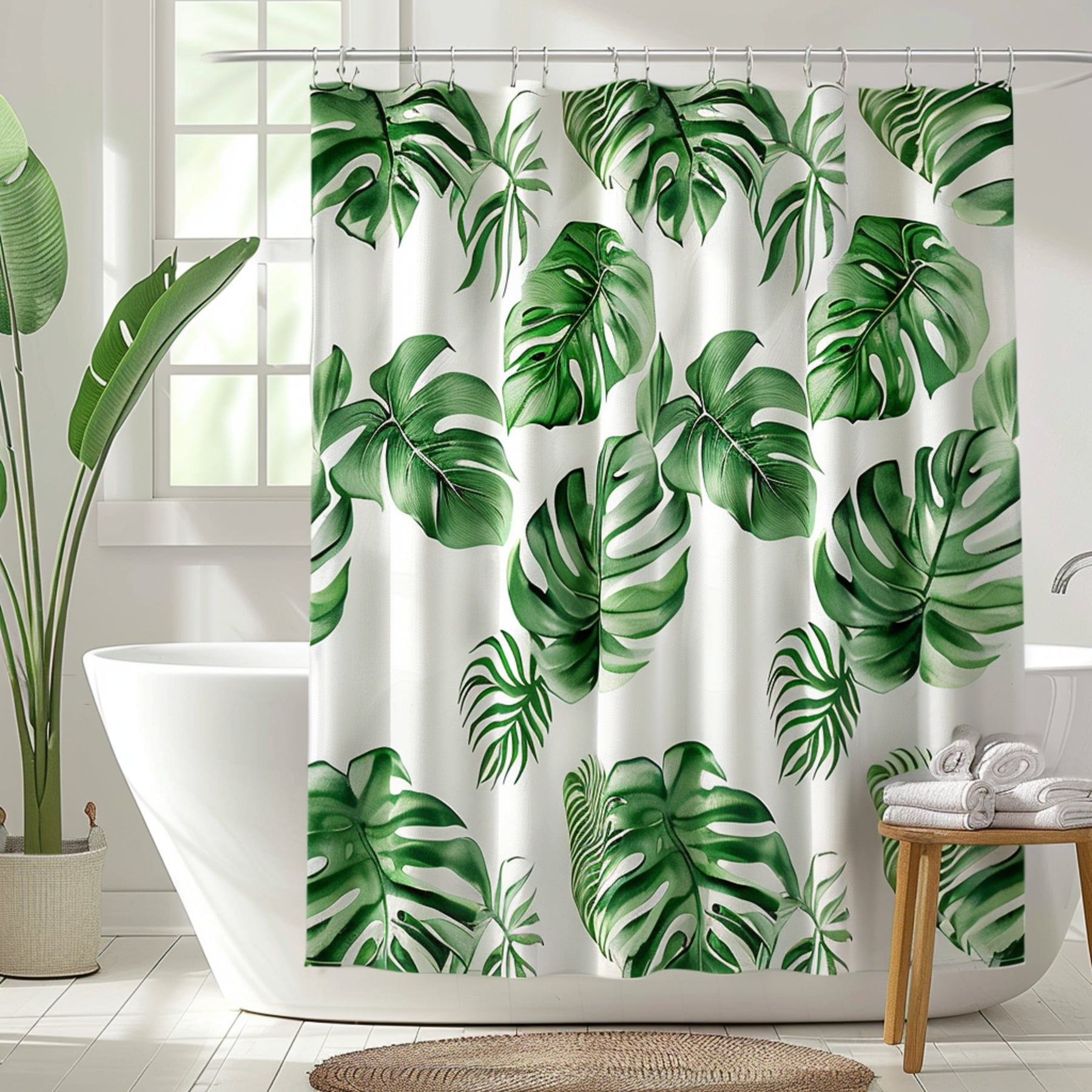 Tropical Green Palm Leaves Shower Curtain Boho Style Bathroom Decor