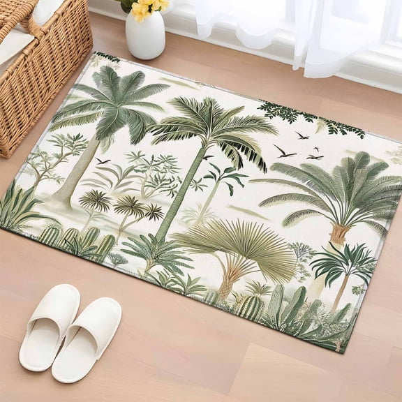 Tropical Green Palm Tree Bathroom Rug Washable 2x3 Entryway Rug Non Slip Summer Beach Cactus Front Door Mat Low Pile Indoor Doormat Throw Floor Carpet for Kitchen Bedroom Entrance