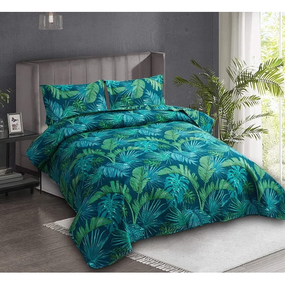Tropical Green Palm Tree Leaf Print Bedspread Set - Size Reversible Lightweight Quilts with Pillow Shams