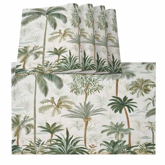 Tropical Green Palm Tree Placemats for Dinning Table Set of 4, Summer Beach Botanical Burlap Kitchen Place Mats Waterproof Cloth Table Mats, Indoor Outdoor Placemats Easy Clean Dinner Decor